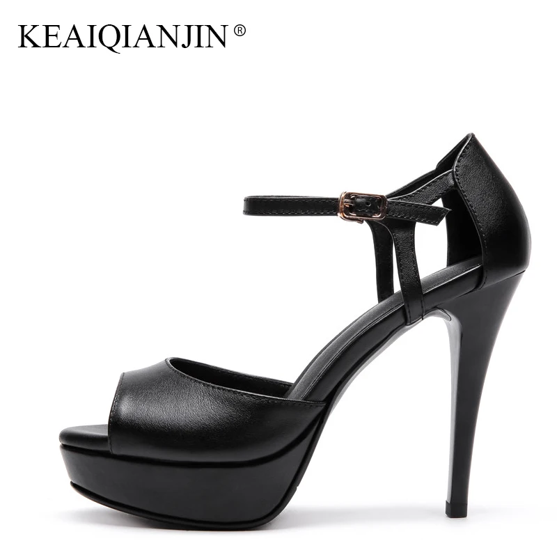 

KEAIQIANJIN Woman Summer Black Peep Toe Sandal Fashion White High Heels Shoes Sexy Plus Size 33 Genuine Leather Open Toe sandals