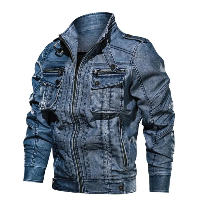 Мужская кожаная куртка в стиле милитари, винтажная байкерская куртка из искусственной кожи, пальто, ветровка, теплая осенне-зимняя куртка из искусственной кожи, 6XL - Цвет: blue