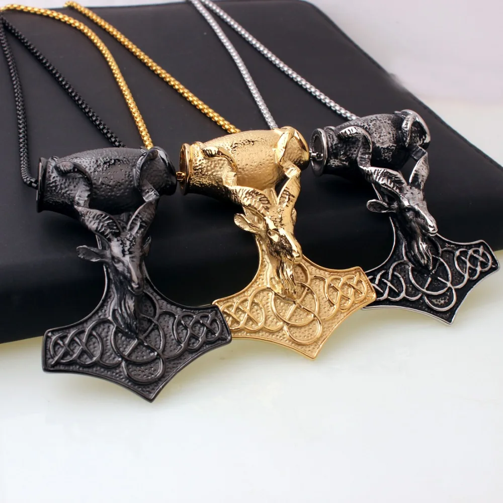 

Free Box Chain Punk 316L Stainless Steel Silver/Black/Gold Tone Thor's Hammer Viking Amulet Mjolnir Men's Sheep Pendant Necklace
