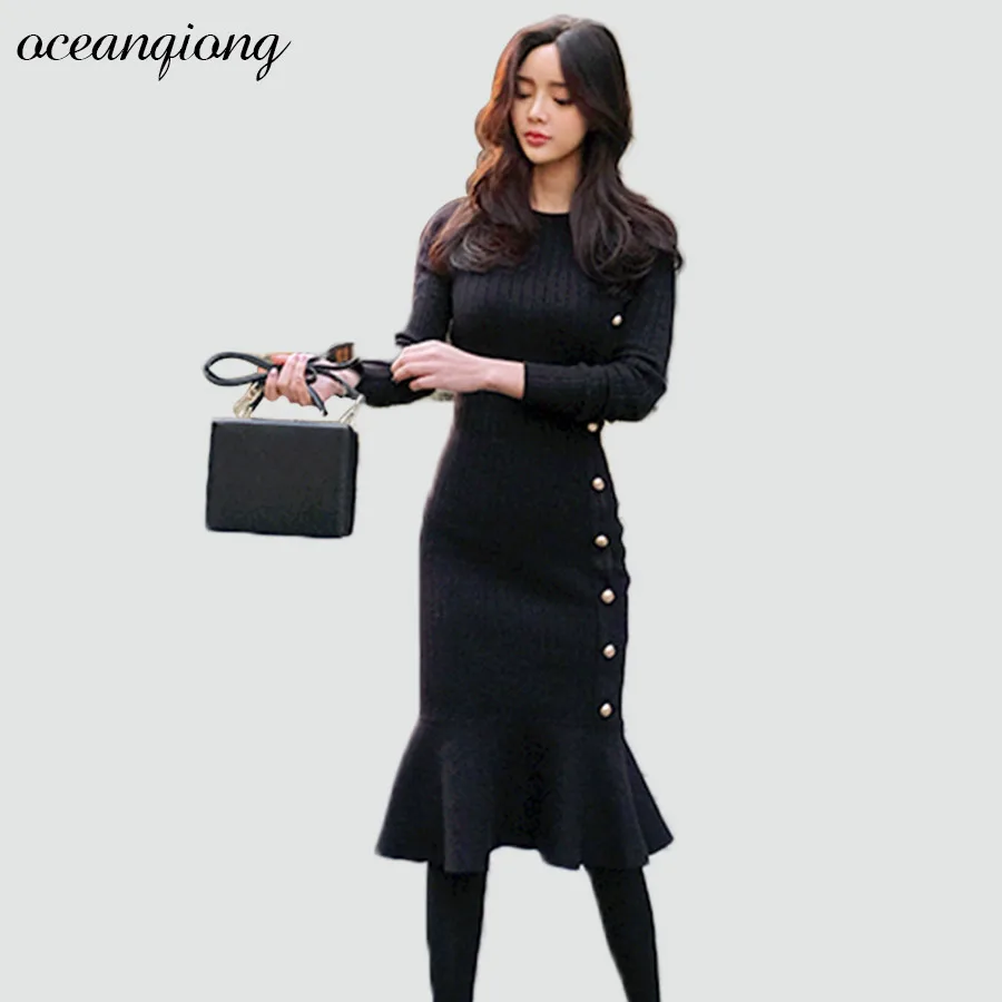 Winter Dress for Women Bodycon Dress Knitted Sexy Long Sleeve Midi