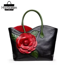 Китайский винтажный дизайн, натуральная коровья кожа, 3D Красная роза, цветок, женская сумка с верхней ручкой, женская черная сумка с цветочным рисунком