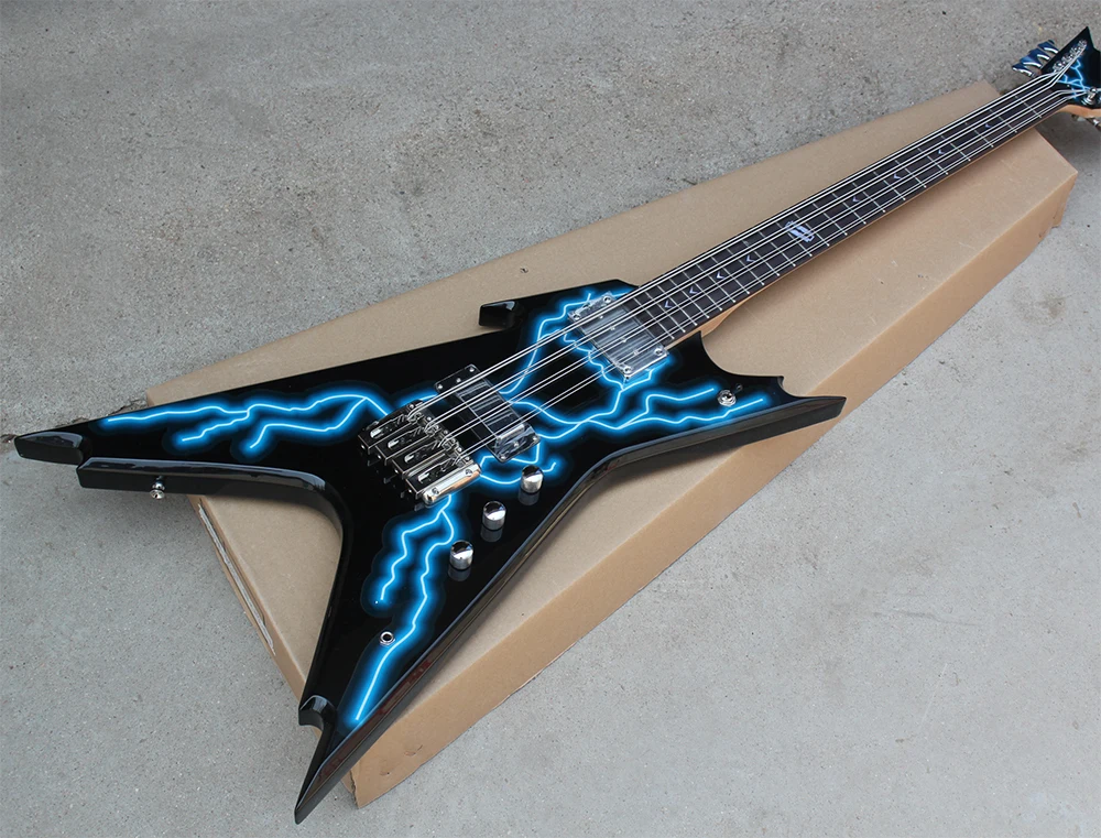 

Custom 8 Strings Black Electric Guitar with Lightning Pattern,Rosewood Fretboard With Blade Inlay,offering customized services