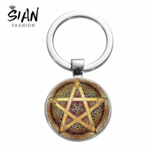 سيان الذهب خارق الخماسي الشر الطاقة المفاتيح فيلم السحر Pentangle الزجاج جولة للجنسين المعادن كيرينغ تميمة Llaveros(China)