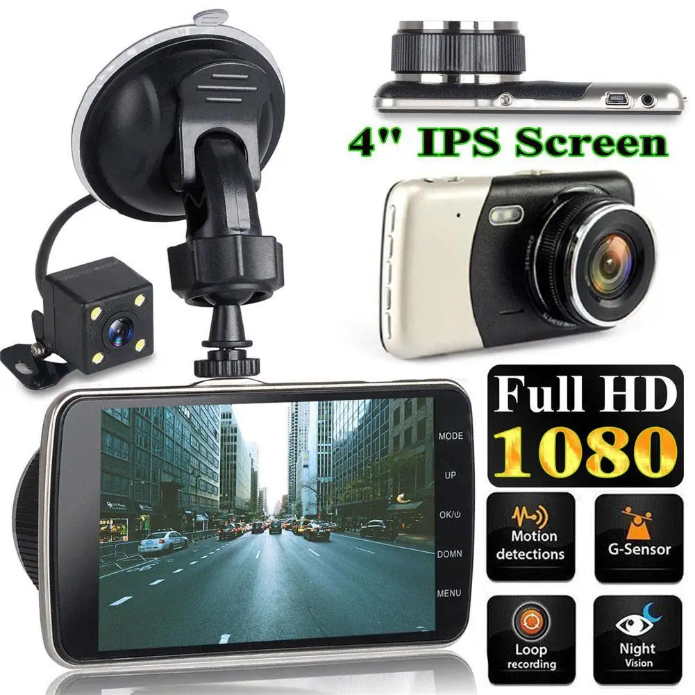 4-дюймовый ips Full HD 1080P вождение автомобиля Регистраторы Dashcam Видеорегистраторы для автомобилей вождения Регистраторы 170 градусов Широкий формат с двумя объективами Автомобильный видеорегистратор