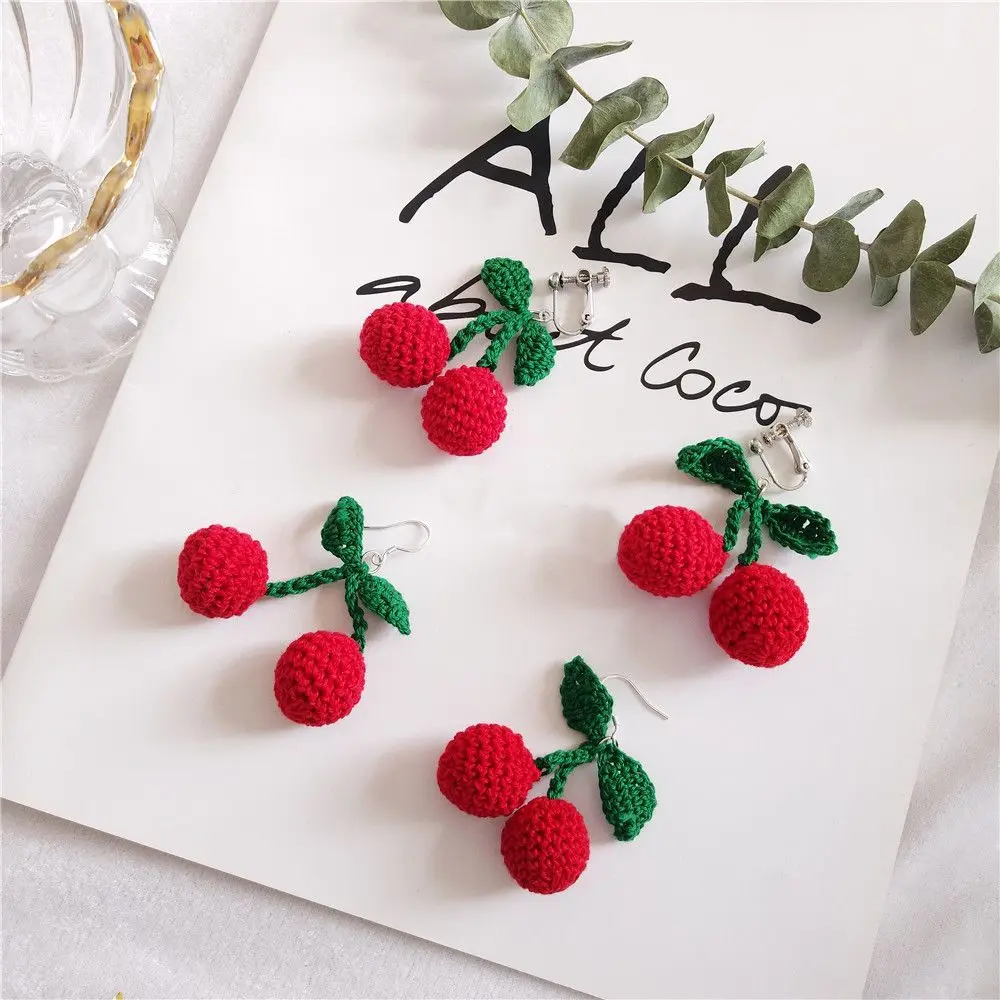 

1 Pair Korean Cute Knit Woolen Yarn Cherry Drop Earrings for Women Girls Handmade Pom Pom Ball Fruit Dangle Earrings Jewelry
