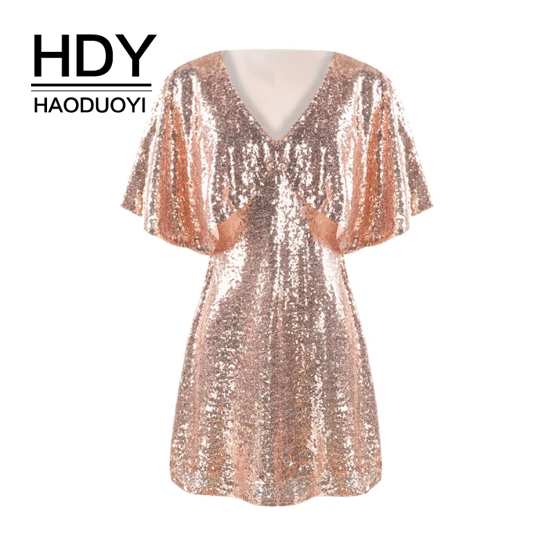 

HDY Haoduoyi Brand Women Pink Sexy Club Sequined Mini Dresses Deep V-Neck Flare Sleeve Lace Patchwork Female Elegant Vestidos