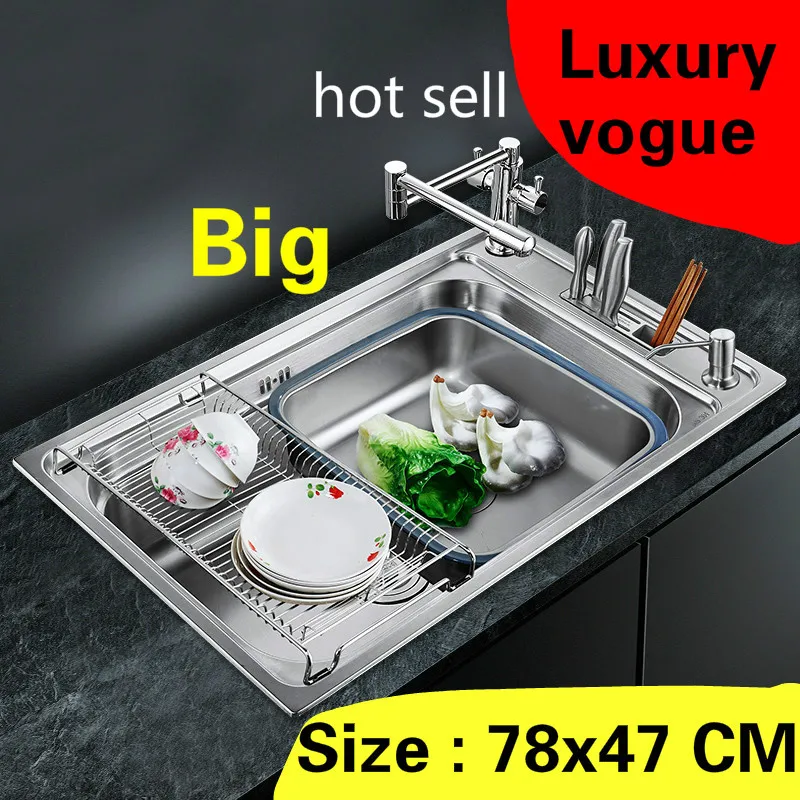 

Free shipping Apartment big luxury kitchen single trough sink multifunction do the dishes 304 stainless steel hot sell 78x47 CM