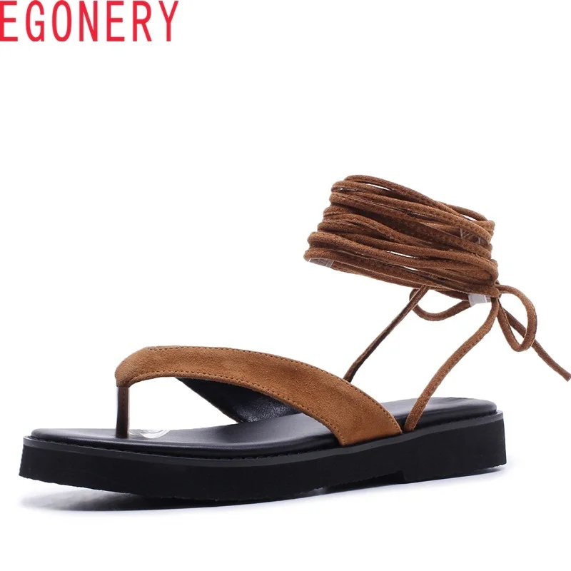 

EGONERY 2018 summer new lace-up sandals thick-bottom round head wear-resistant rubber sole casual flat cross-strap sandals