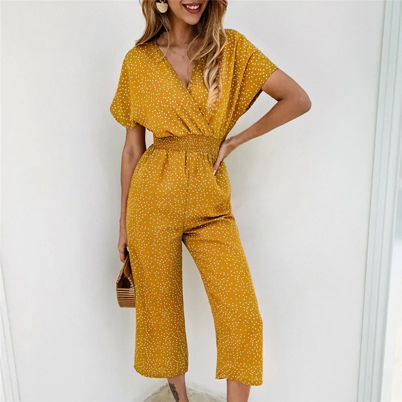 New Fashion Women Summer Sexy V Neck Short Sleeve Dot Printing Romper Jumpsuits Playsuit Office Elegant Lady Boho Jumpsuit #4R08 (24)