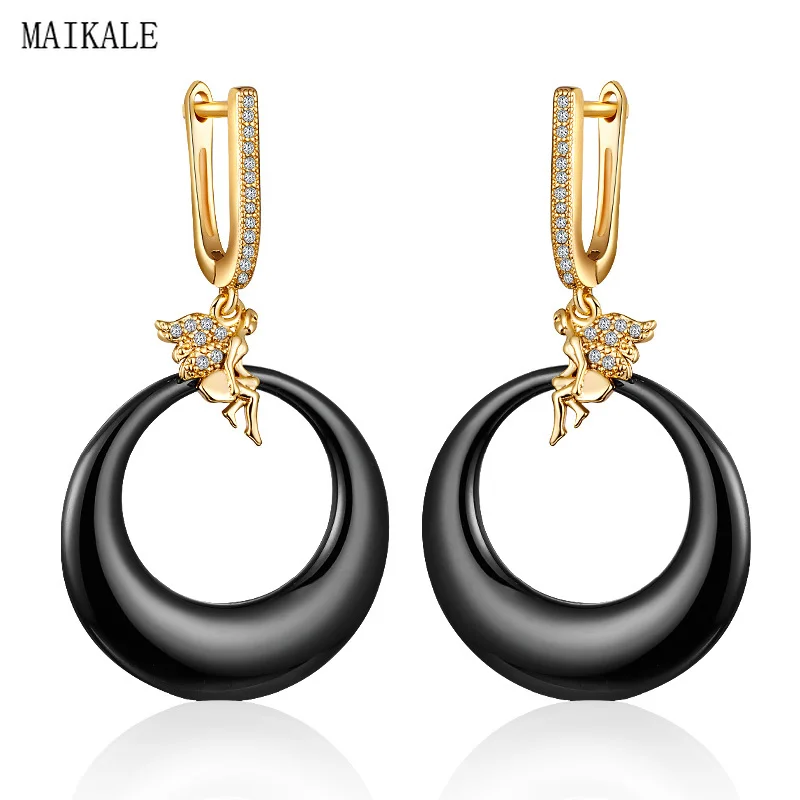 

MAIKALE Fairy Shape Black Ceramic Drop Earrings for Women Zircon Charm Earings Gold Silver Cubic Zirconia Jewelry Fashion Gift