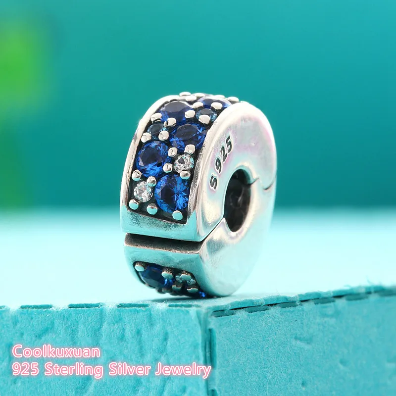 

2018 Summer Blue Crystals & CZ Mosaic Shining Elegance Lock Clips Bead Fit Pandora Bracelet 925 Sterling Silver Clip Charm Beads