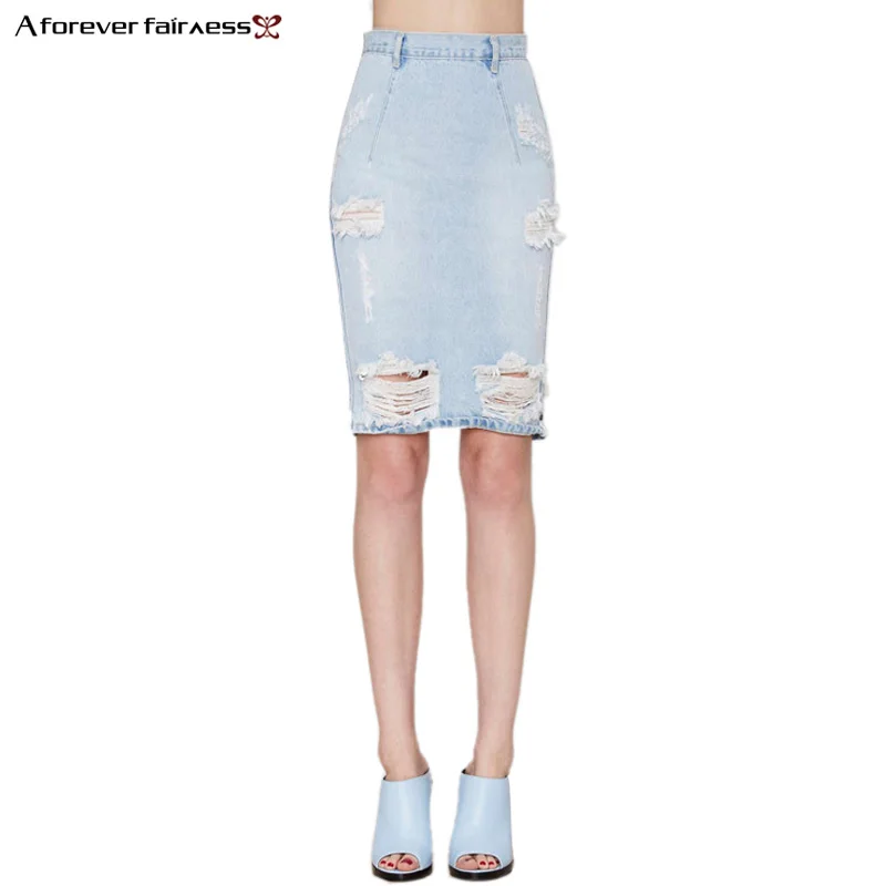 A Forever New Summer Women Ripped Holes Denim Skirt Large Slim Blue