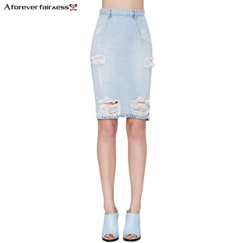 

A Forever New Summer Women Ripped Holes Denim Skirt Large Slim Blue Hole Back Split Denim Women Package Pencil Skirt M-353