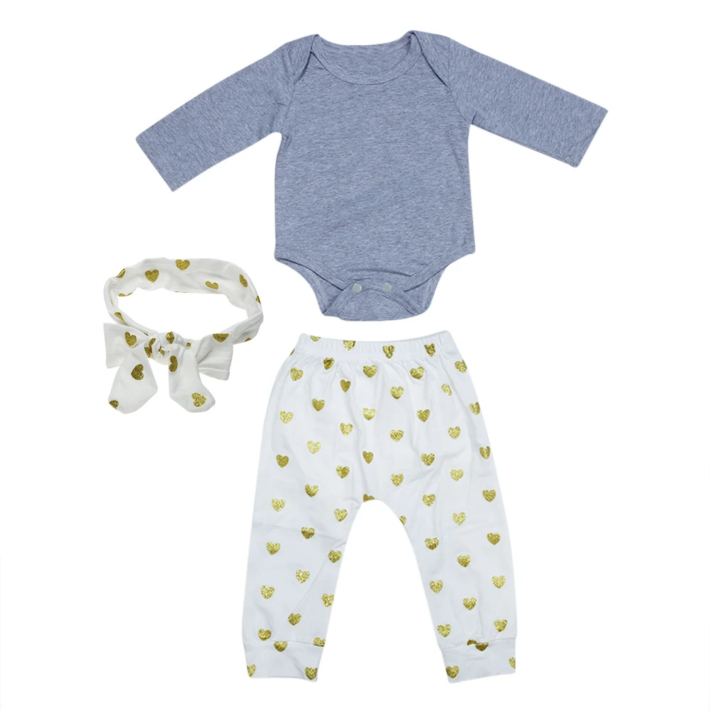 

Newborn Baby Long Sleeve Solid Gray Jumpsuit Romper + Love Heart Printed Long Pants + Bowknot Headband Spring Autumn Clothes Set