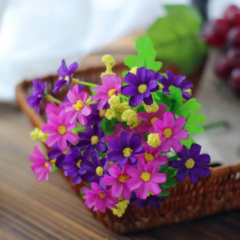 7 branch 1 Bouquet 28 heads cute silk daisy artificial decorative flower wedding flower bouquet home room table decoration - Color: purple B