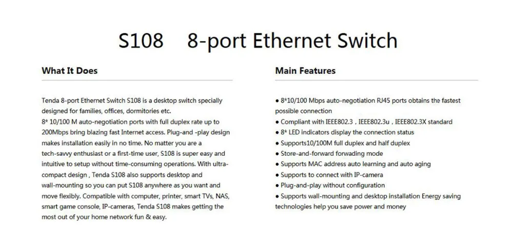 Tenda S108 8 портов коммутатор для интернет-сети настольный коммутатор 8*10/100 Мбит/с RJ45 порты небольшой и Smart plug and play легкая установка