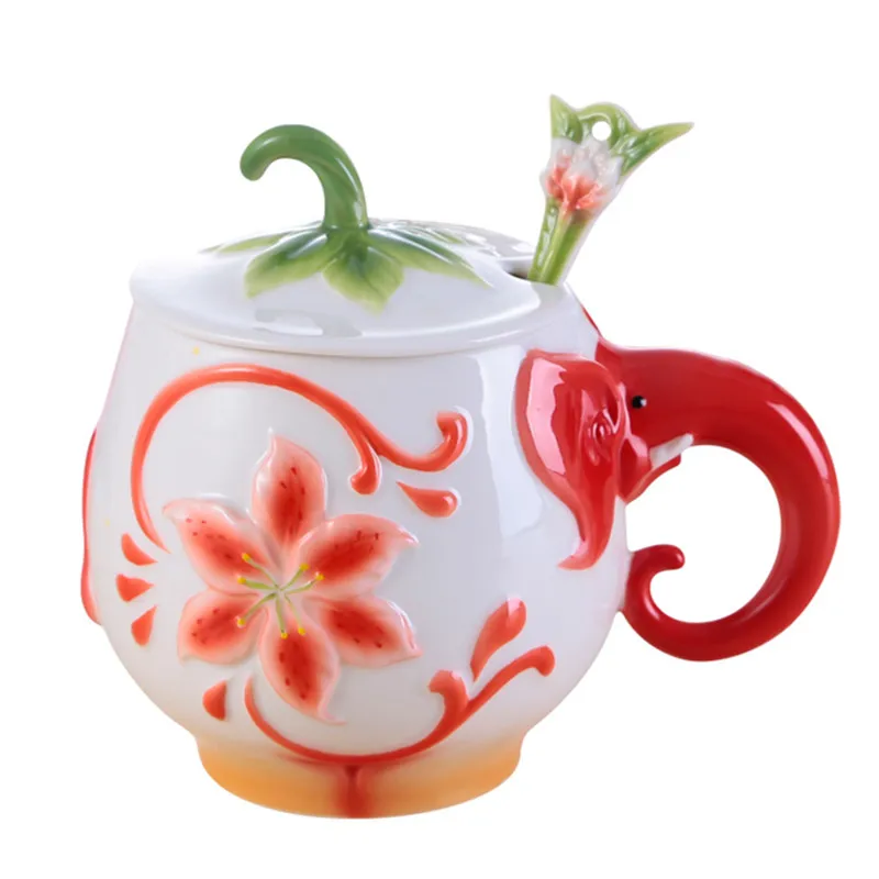 Colored Enamel Coffee Mug Cup Porcelain Elephant Bone China Drinkware With Lid Spoon Creative Lovers Family