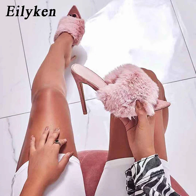 

Eilyken New Fashion Flock Black Women Summer Slippers Sexy Thin Heels Women Slippers Pumps Sandals Shoes Outside Slides Size40