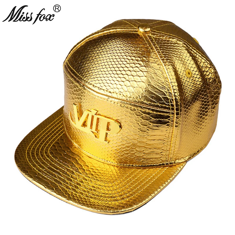 

Missfox Hip Hop 18k Gold Plated Vip Letter Flat Brim Crocodile Pattern Gold Top Hats Caps Men