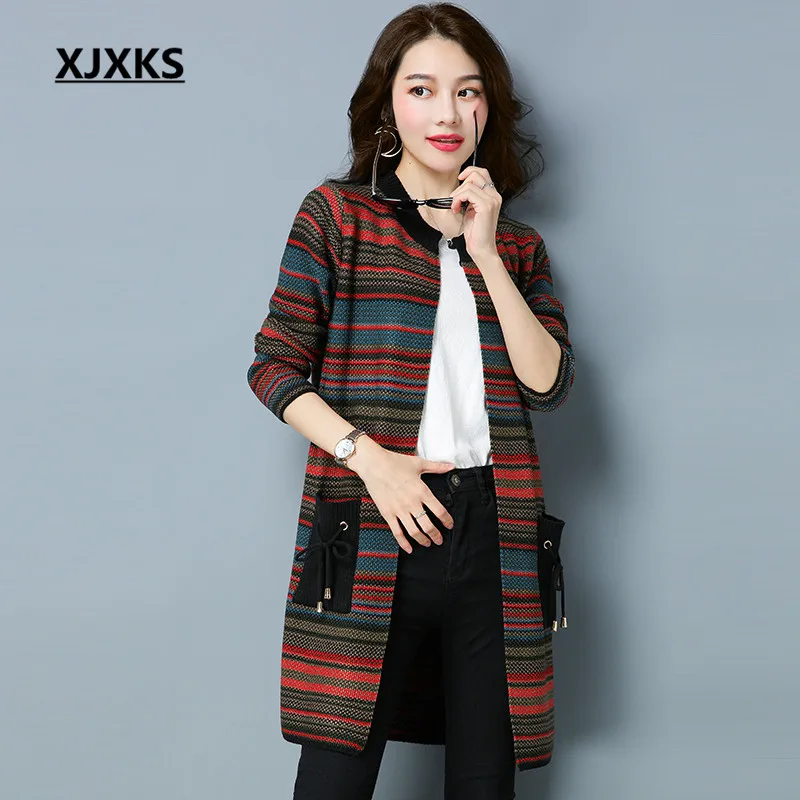 

XJXKS Round Neck Caridgans Sweater Coat Lace Up Pockets With Colorful Striped Knitted Autumn Women Sweaters Coats