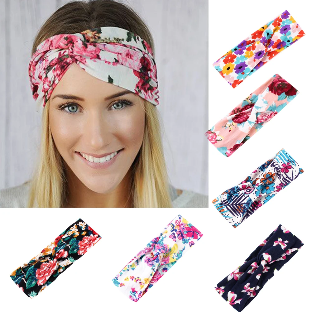 Multi color Bow Head Bands for Women Floral Prints Cross Headband
