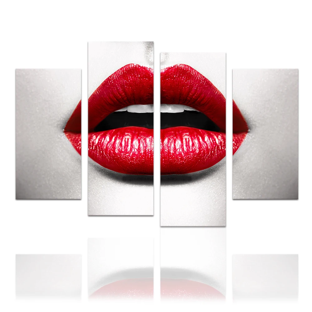 4 Panels Red Lip Canvas Painting Hot Woman Wearing Red Lipstick Wall Picture Art Decor for