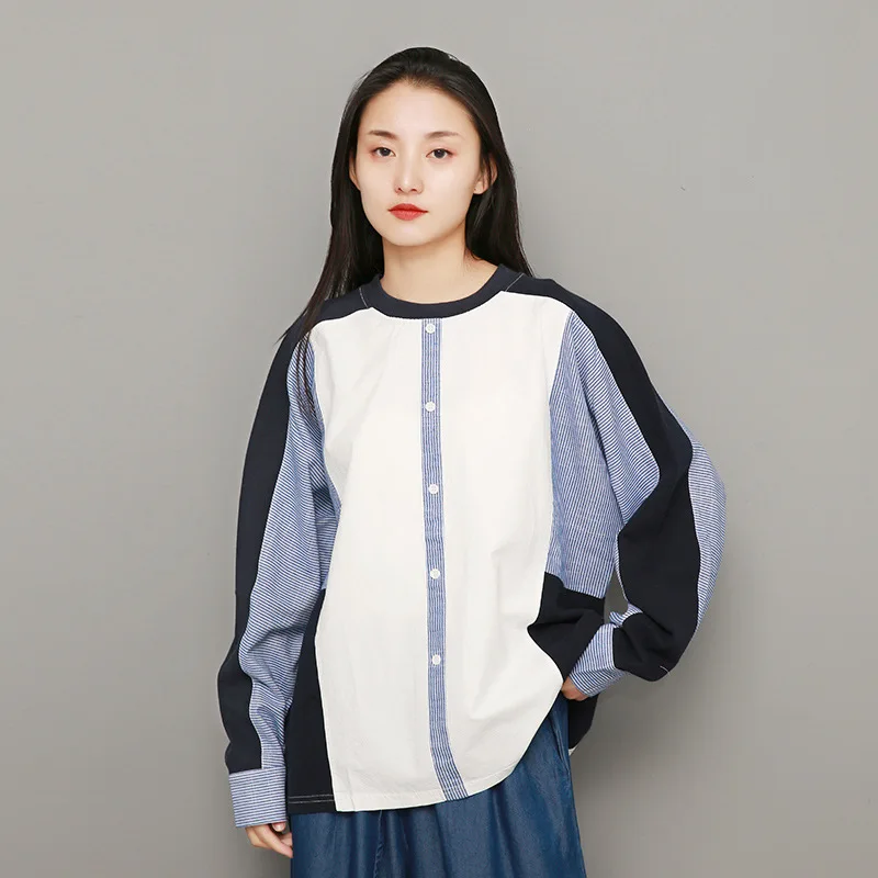 

Johnature Women Patchwork Pullover Shirts Korean Style Cotton 2019 Spring New O-Neck Long Sleeve Tops Casual Women Cloths Loose