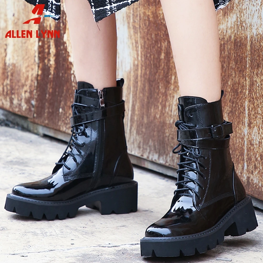 

ALLENLYNNBrand New Big Size 33-43 Patent Genuine Leather Chunky Heels Shoes Woman Casual Party Ol Autumn Winter Ankle Boots