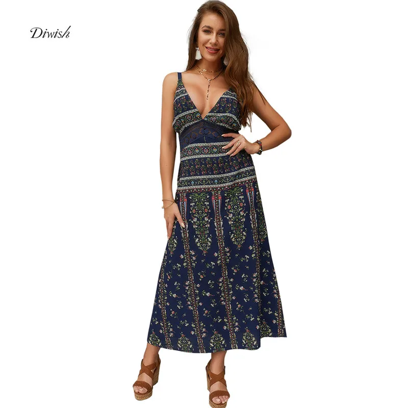 

Diwish Women's Summer Sundress 2019 Bohemian Print Deep V-Neck Sexy Spaghetti Strap Dress Slit Design Maxi Dresses for Women