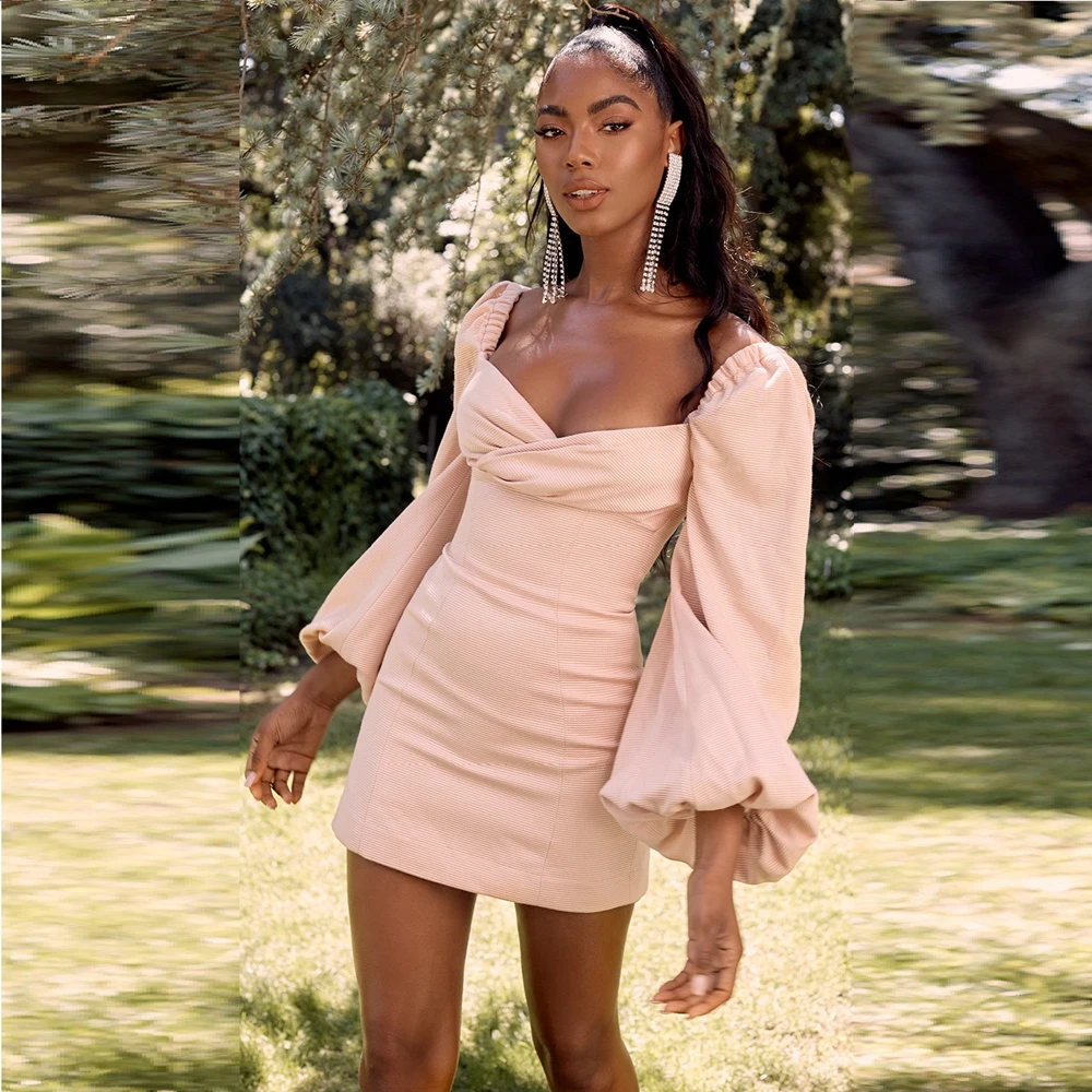 

2019 New Fashion Pink Puff Long Sleeve Backless Sexy V Neck Mini Club Summer Women Dress Vestidos Celebrity Party Dropshipping