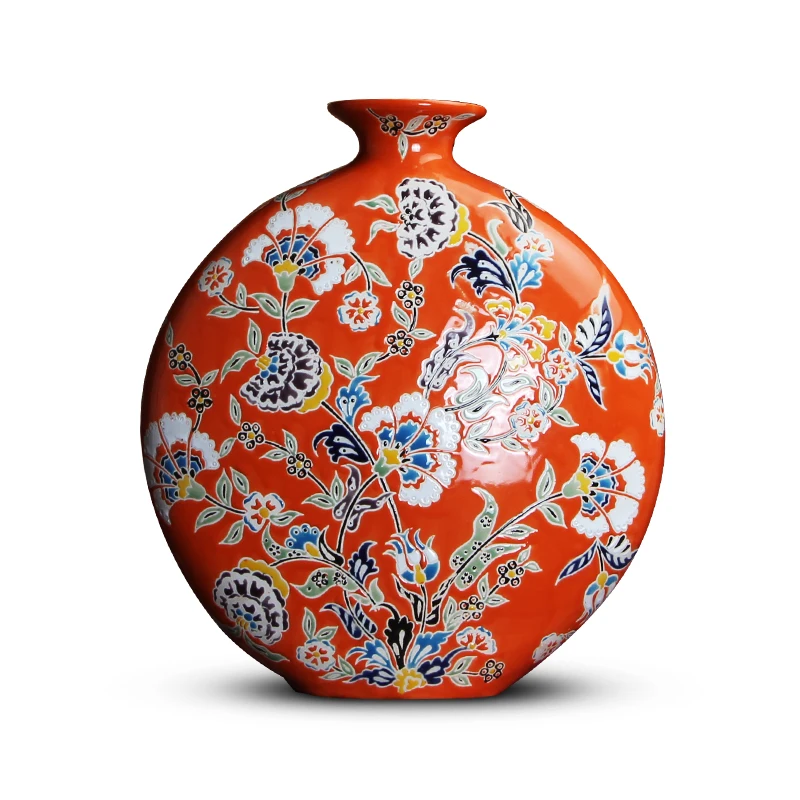 Chinese American Style Orange Red Pastel Hand painted Ceramic Flat Vase