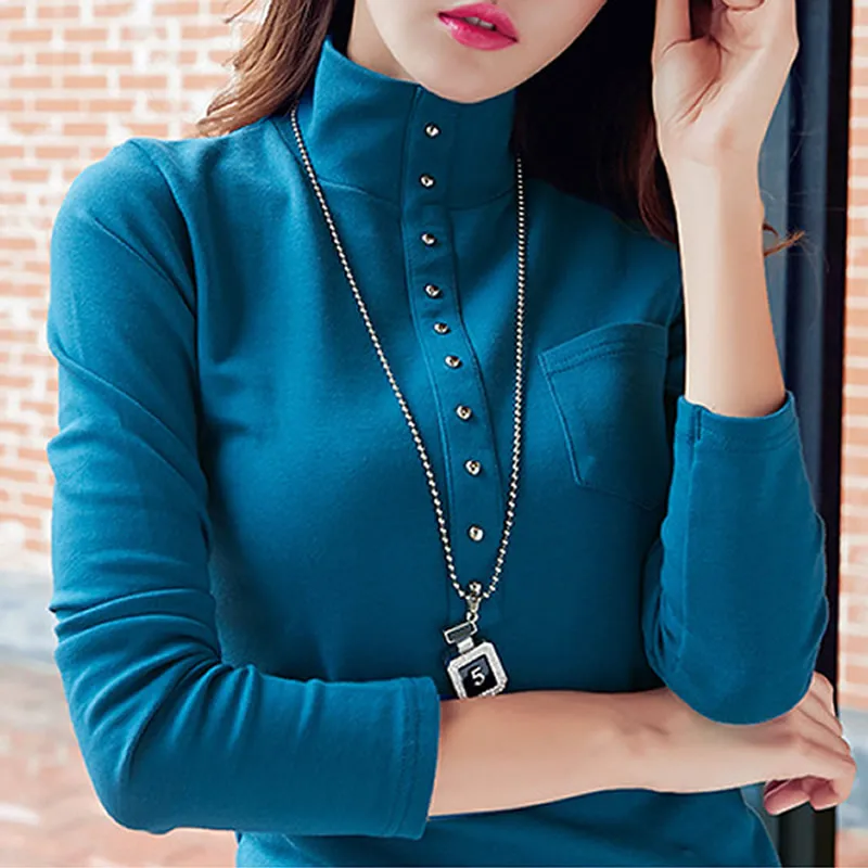 Cuello alto De algodón camiseta Mujer manga larga Camiseta Mujer camiseta Poleras De Mujer Solid Camisetas Mujer