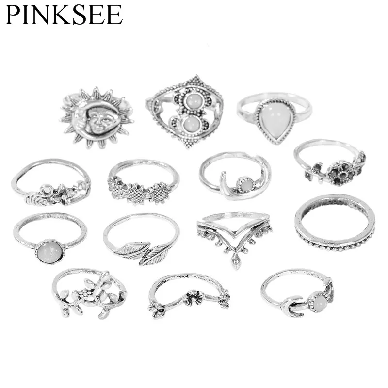 

PINKSEE 14 PCS/Pack Vintage Geometric Rings Set For Women Retro Different Natural Stone Wholesale Jewelry