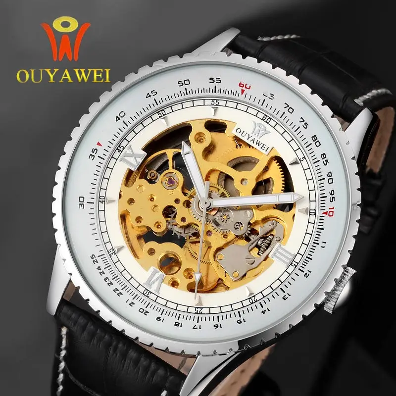 OUYAWEI self-ветер Скелет Для мужчин часы Reloj Masculino роскошные ультра тонкий циферблат черный кожаный ремешок механические часы спортивные часы