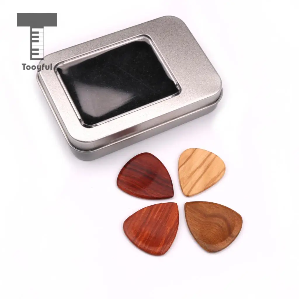 Tooyful Exquisite 4pcs Wooden Guitar Plectrums Picks with Iron Box Set Musical Instrumnet Parts for Guitar Bass Mandolin Banjo