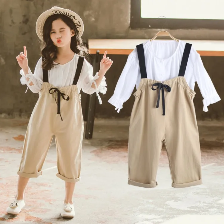 

2019 Kids Autumn Clothes Age For 6 8 10 12 14 Years Big Girls White Shirts + Overalls Pants Sets Students Outfits Ensemble Fille