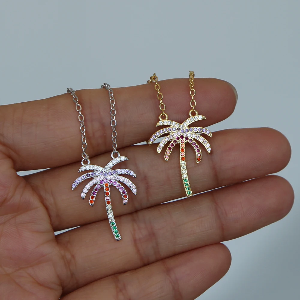 Летние пляжные женские модные ювелирные изделия микро проложить красочные cz циркония пальма кулон ожерелье