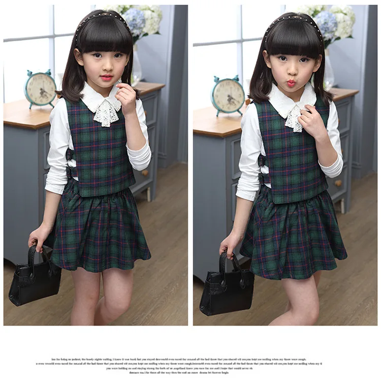 Girls White Shirt Plaid Waistcoat Skirts 3PCS Suit 12