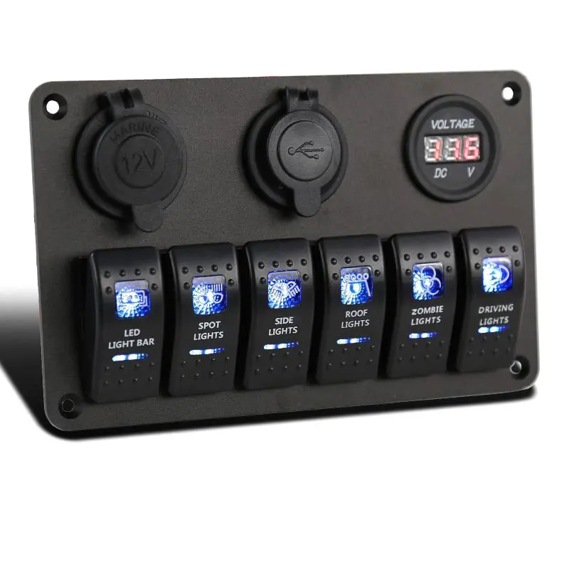 

Waterproof 6 Groups LED Rocker Switch Panel Boat Light Double USB Car Charger Digital Voltmeter 12V Power Supply Socket CSL2017