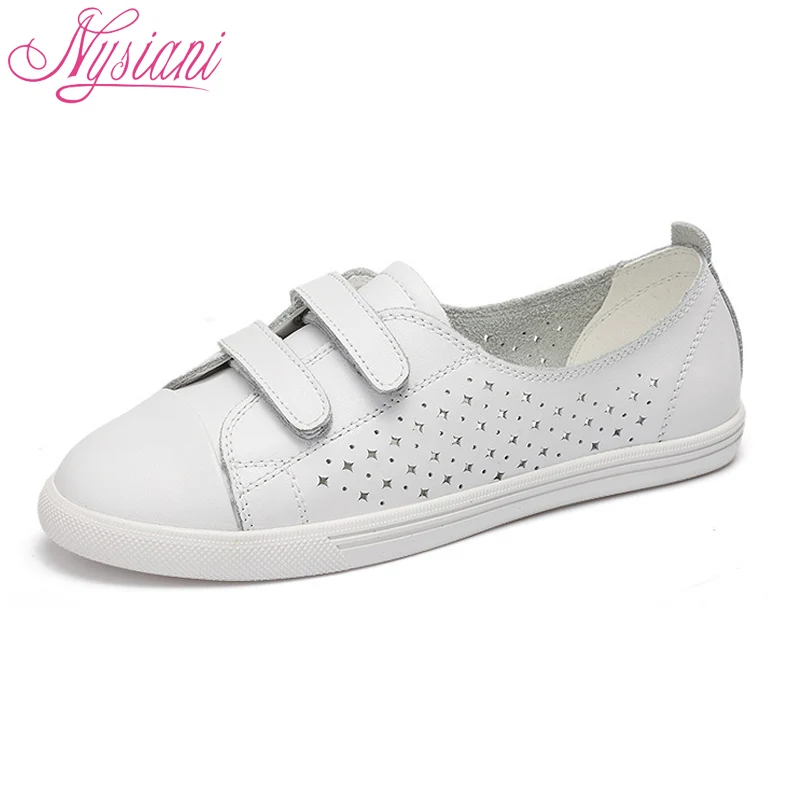 

2019 Breathable Hollow Out Summer Women Leather Flat Shoes Round Toe Hook & Loop Ladies Casual White Loafers Shoes Nysiani