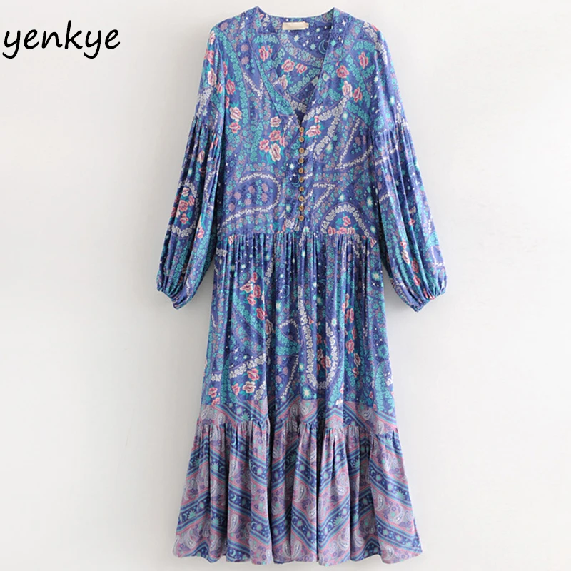 

Casual Beach Summer Dress Women Floral Printed Holiday Maxi Long Dress Female V Neck Long Sleeve Pleated Loose Dress