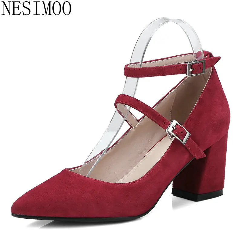 

NESIMOO 2018 New Women Pumps Cow Suede Ladies Fashion Women Shoes Pointed Toe High Quality Square High Heel Pumps Szie 34-39