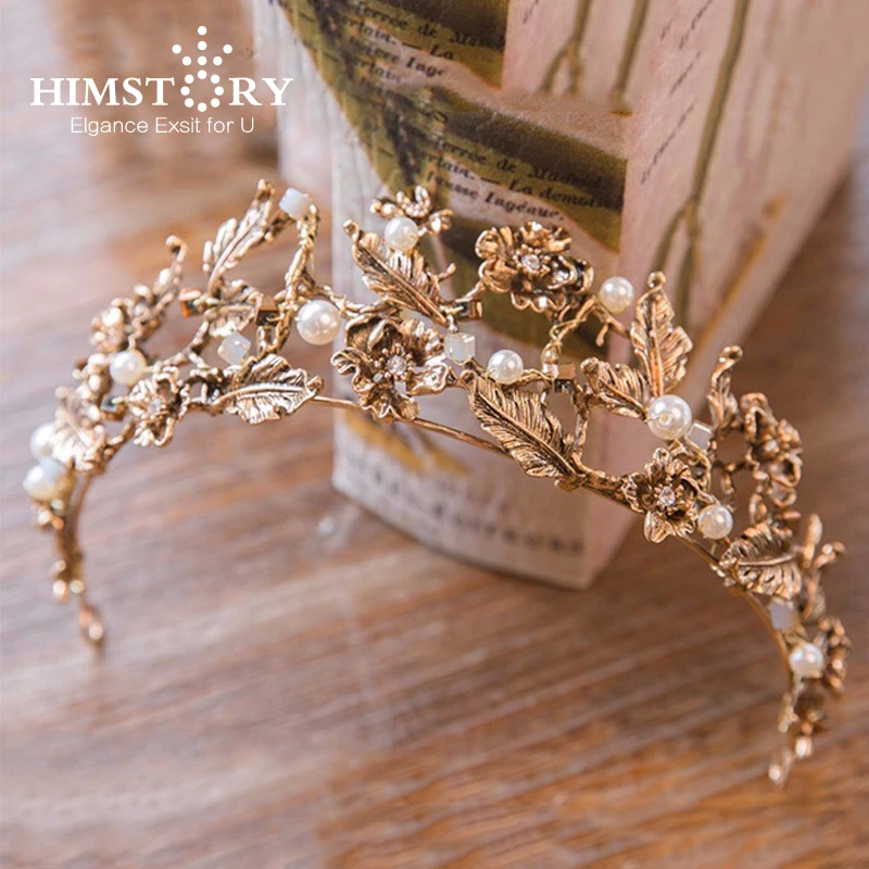 

HIMSTORY Vintage Gold Leaf Bridal Tiara Baroque Wedding Hair Crown Accessories Pearl Women Hair Jewelry Tiaras