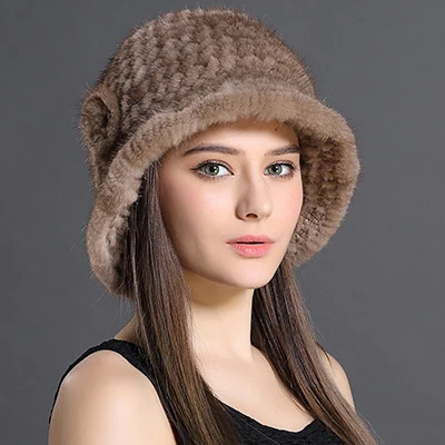 Real Genuine natural knitted Mink Fur with flower Hat Cap women hand made warm 