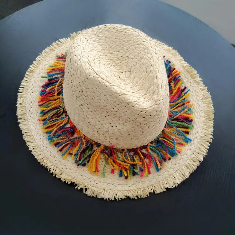 Панама Sombrero Raffia, солнцезащитные шляпы для женщин, шапка с бахромой, ручная работа, в полоску, с кисточками, с помпонами, Рафаэль, соломенная шляпа, пляжная шляпа для женщин - Цвет: 1beige