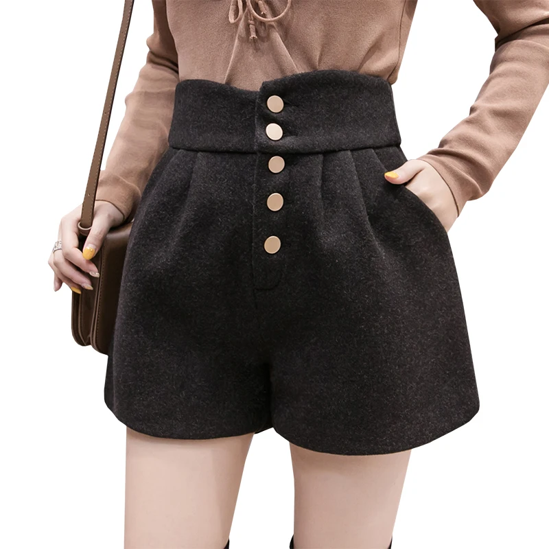Fashion Elegant Winter Wool shorts women high waist black shorts Casual