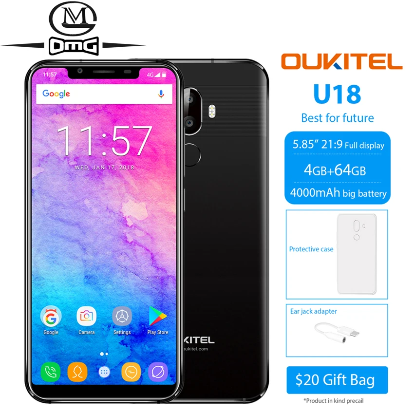 

OUKITEL U18 5.85" 21:9 Full screen Face ID Android 7.0 Smartphone MT6750T Octa Core 4GB RAM 64GB ROM 4000mAh 16MP mobile phone