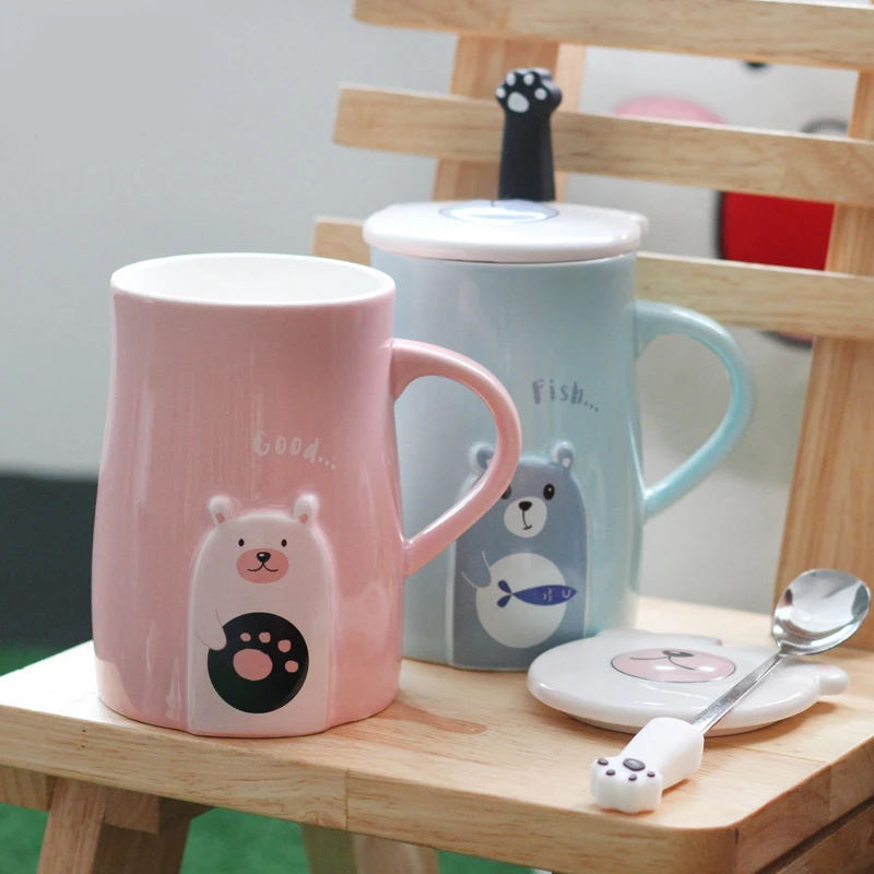 2.1Cute cartoon bear mug embossed ceramic mug with lid and spoon creative office water animal cup couple mug milk coffee cup gift
