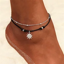 Tobilleras de abalorios KISSWIFE Vintage Boho multicapa para mujer, tobillera colgante de sol a la moda hecha a mano, cadena para pie, joyería para fiesta