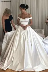 Атласные свадебные платья с открытыми плечами 2019 Бальные платья на пуговицах сзади развертки Поезд скромные свадебные одежды плюс размер